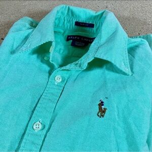 Ralph Lauren Polo Women's Slim Fit Button Down Flesh Pony Mint Green Top Sz 6